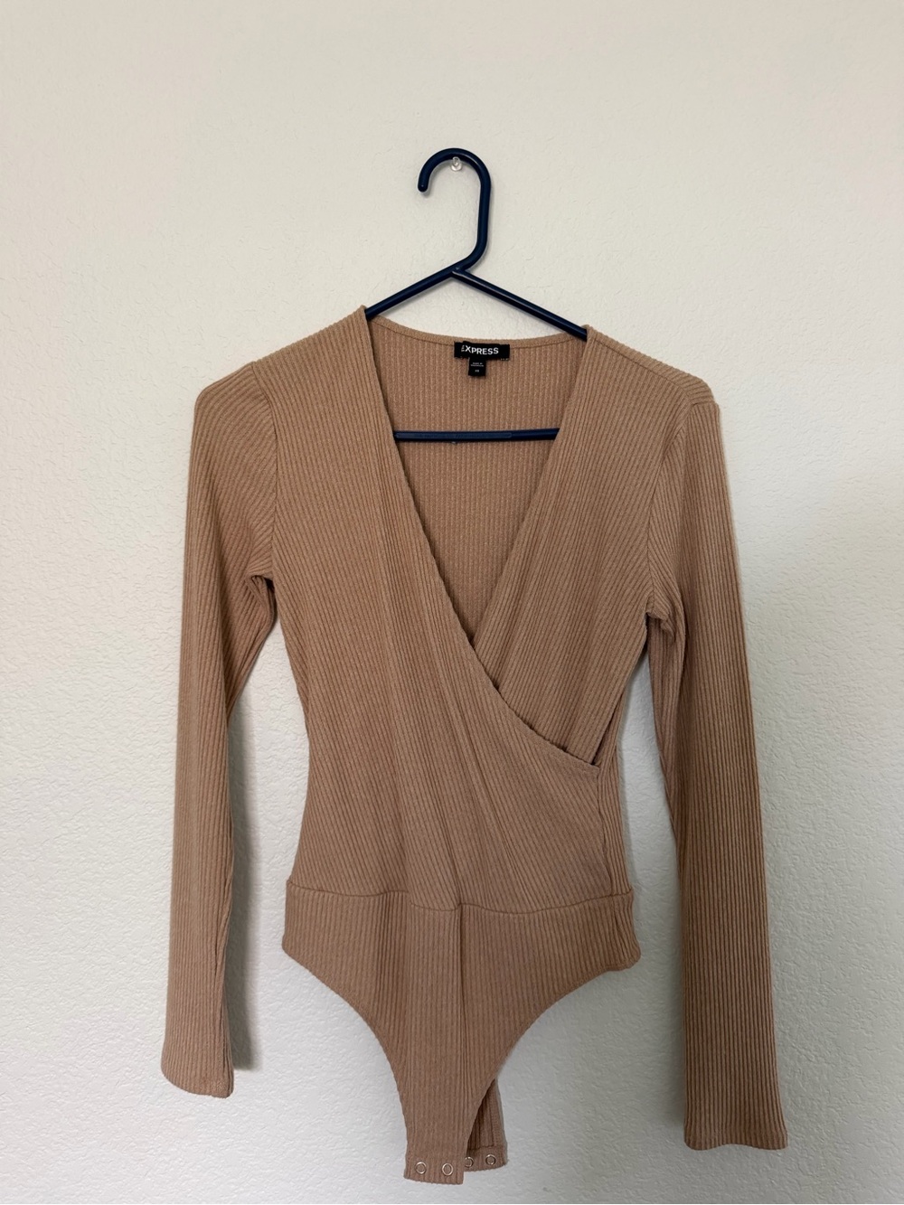 wrap-front, deep v-neck, ribbed, long-sleeve body suit